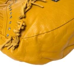 Pre Owned Jimmy Choo Mustard Leather Isola Fringe Studded Hobo