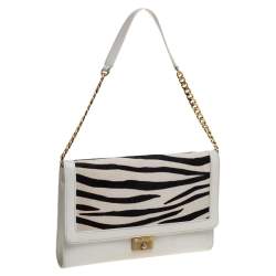 Jimmy Choo White Zebra Print Calfhair and Leather Flap Chain Shoulder Bag