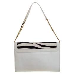 Jimmy Choo White Zebra Print Calfhair and Leather Flap Chain Shoulder Bag
