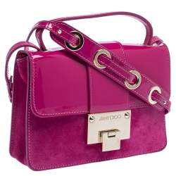 Pre Owned Jimmy Choo Fuchsia Patent Leather and Suede Rebel Top Handle Bag