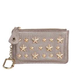 Pre Owned Jimmy Choo Metallic Grey Leather Nancy Star Studded Key Pouch