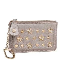 Pre Owned Jimmy Choo Metallic Grey Leather Nancy Star Studded Key Pouch