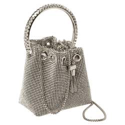 Pre Owned Jimmy Choo Silver Satin Crystal Mesh Bon Bon Bucket Bag