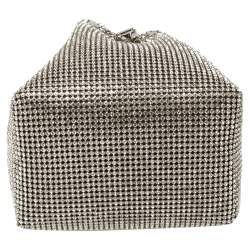 Pre Owned Jimmy Choo Silver Satin Crystal Mesh Bon Bon Bucket Bag