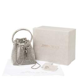 Pre Owned Jimmy Choo Silver Satin Crystal Mesh Bon Bon Bucket Bag