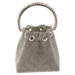 Pre Owned Jimmy Choo Silver Satin Crystal Mesh Bon Bon Bucket Bag