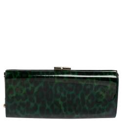 Pre Owned Jimmy Choo Green/Black Leopard Print Patent Leather Twill Tube Clutch