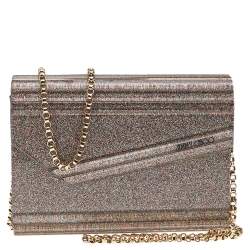 Jimmy Choo Metallic Champagne Glitter Acrylic and Leather Candy Chain Clutch 