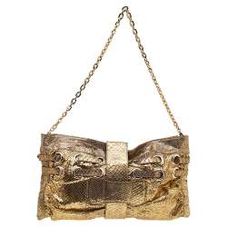 Pre Owned Jimmy Choo Gold Python Oversize Ramona Chain Clutch