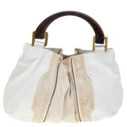 Jimmy Choo White/Light Beige Leather and Suede Maia Hobo