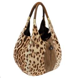 Jimmy Choo Beige/Brown Leopard Print Calf Hair and Suede Mandah Expandable Hobo