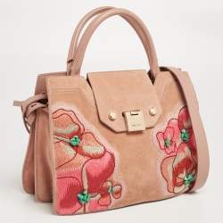 Jimmy Choo Dusty Pink Floral Embroidered Suede and Leather Riley Tote