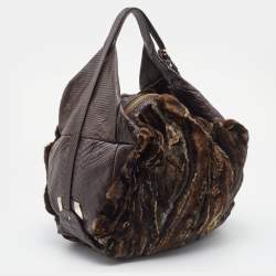 Pre Owned حقيبة هوبو جيمي تشو فرو وجلد نقشة الثعبان بني غامق