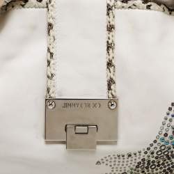 Jimmy Choo White Embellished Leather and Python Trim Beaded Drawstring Hobo