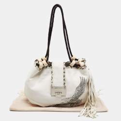 Jimmy Choo White Embellished Leather and Python Trim Beaded Drawstring Hobo