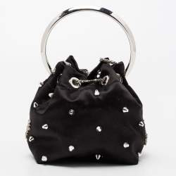 Pre Owned Jimmy Choo Black Satin Bon Bon Crystal Embellished Bucket Bag