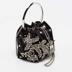 Pre Owned Jimmy Choo Black Satin Bon Bon Crystal Embellished Bucket Bag