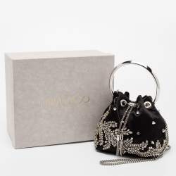 Pre Owned Jimmy Choo Black Satin Bon Bon Crystal Embellished Bucket Bag
