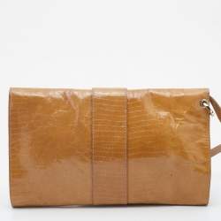 Pre Owned Jimmy Choo Beige Lizard Embossed Patent Leather Carolina Flap Shoulder Bag