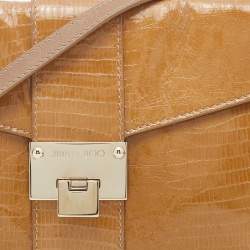 Pre Owned Jimmy Choo Beige Lizard Embossed Patent Leather Carolina Flap Shoulder Bag