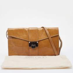 Pre Owned Jimmy Choo Beige Lizard Embossed Patent Leather Carolina Flap Shoulder Bag