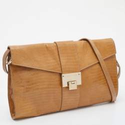 Pre Owned Jimmy Choo Beige Lizard Embossed Patent Leather Carolina Flap Shoulder Bag