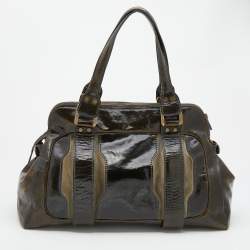 Jimmy Choo Dark Olive Patent Leather and Suede Malena Satchel