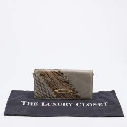 Pre Owned Jimmy Choo Grey/Beige Water Snake and Leather Flap Clutch