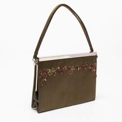 Pre Owned Jimmy Choo Olive Green Satin Frame Beaded Evening Bag