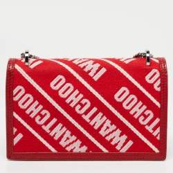 Pre Owned Jimmy Choo Red/White Canvas and Leather Logo Tape Bow Finley Shoulder Bag