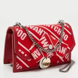 Pre Owned Jimmy Choo Red/White Canvas and Leather Logo Tape Bow Finley Shoulder Bag