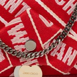 Pre Owned Jimmy Choo Red/White Canvas and Leather Logo Tape Bow Finley Shoulder Bag