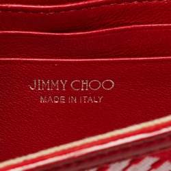 Pre Owned Jimmy Choo Red/White Canvas and Leather Logo Tape Bow Finley Shoulder Bag
