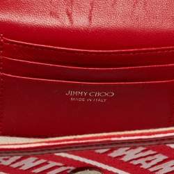 Pre Owned Jimmy Choo Red/White Canvas and Leather Logo Tape Bow Finley Shoulder Bag