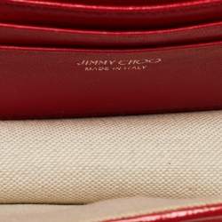 Pre Owned Jimmy Choo Red/White Canvas and Leather Logo Tape Bow Finley Shoulder Bag