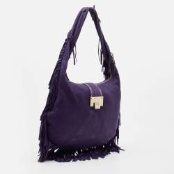 مملوكة مسبقًا Jimmy Choo Purple Python Effect Leather Fringe Hobo