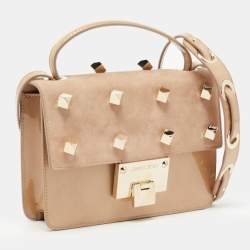 Pre Owned Jimmy Choo Beige Studded Patent Leather and Suede Top Handle Bag