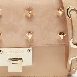 Pre Owned Jimmy Choo Beige Studded Patent Leather and Suede Top Handle Bag