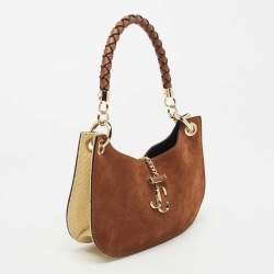 Jimmy Choo Brown Suede and Raffia Small Varenne Hobo