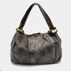 Pre Owned Jimmy Choo Dark Brown/Grey Karung and Watersnake Leather Saba Hobo