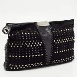 Pre Owned Jimmy Choo Black Perforated Suede and Leather Studded Clutch