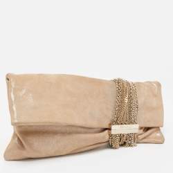 Pre Owned Jimmy Choo Beige Shimmering Suede Chandra Clutch