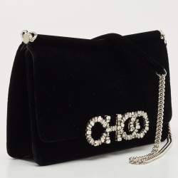 Pre Owned Jimmy Choo Black Velvet Crystals Kalina Chain Bag