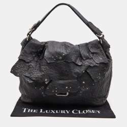 Pre Owned Jimmy Choo Black Textured Leather Embellished Flap Shoulder Bag