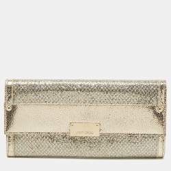 Pre Owned Jimmy Choo Gold Glitter and Leather Reese Continental Clutch