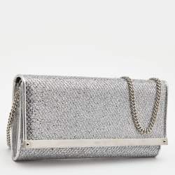 Pre Owned Jimmy Choo Silver Glitter and Leather Milla Chain Clutch