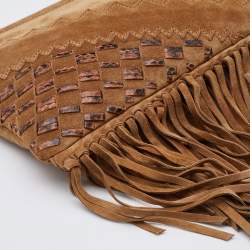 Pre Owned Jimmy Choo Brown Suede and Watersnake Leather Fringe Tita Convertible Clutch 