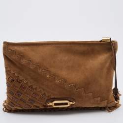 Pre Owned Jimmy Choo Brown Suede and Watersnake Leather Fringe Tita Convertible Clutch 