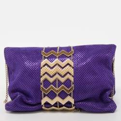 Pre Owned Jimmy Choo Purple Shimmer Perforated Suede Chandra Chain Clutch