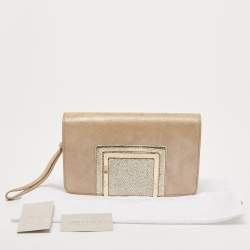 Pre Owned Jimmy Choo Gold Shimmer Suede Alara Wristlet Clutch